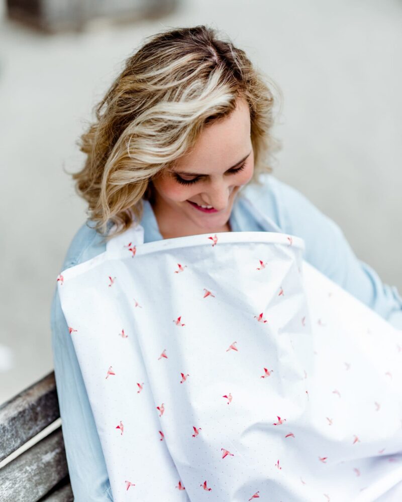 coral origami, nursing cover, baby on the move